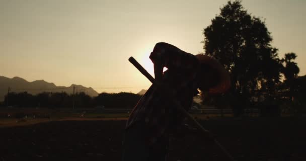 Zeitlupe Silhouette Szene Eines Ländlichen Asiatischen Bauern Steht Mit Einer — Stockvideo