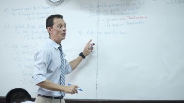 Bir Fransızca öğretmeninin yavaş çekim sahnesi, ve aynı zamanda bir Fransız yerlisi, lise öğrencilerine tanıtım için temel soru-cevap sorularını öğretiyor..