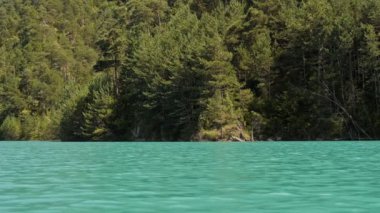 Bir dağ ormanı gölünde çam ağaçlarıyla birlikte turkuaz su. Mavi gölün sularında sallanan yeşil ağaçlarla birlikte teknenin görüntüsü.