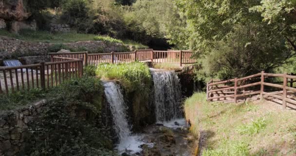 在阳光明媚的日子里,山区的小河瀑布环绕着新鲜的绿叶.与家人团聚的理想场所. — 图库视频影像