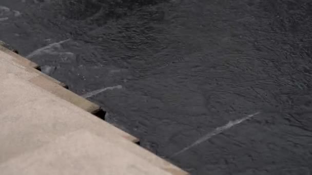 Water stroomt de trap af na harde regen. Water stroomt in de stad. Ongecontroleerd water op straat. — Stockvideo