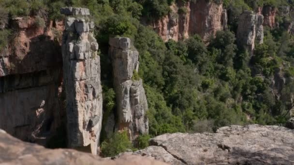 Naturen landskap wtih klippformationer som kolumner eller pelare stiger från dalen. Salt de Prat, Katalonien, Spanien. — Stockvideo