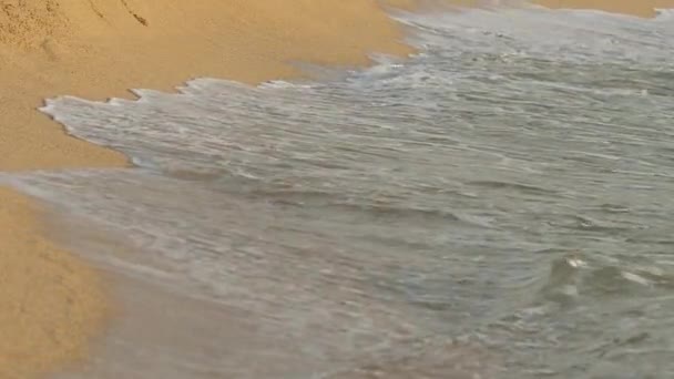 Menenangkan air berbusa. Gelombang laut mediterania bergulir ke pantai berpasir. — Stok Video