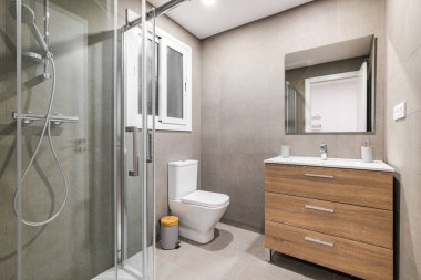 Modern yenilenmiş banyo duş bölgesi, tuvalet, ahşap tabanlı beyaz lavabo ve ayna..