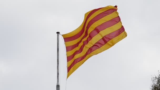 A bandeira oficial da Catalunha, Espanha, está acenando devido a um forte vento no dia nublado. As cores da bandeira listrada são amarelo e vermelho. — Vídeo de Stock