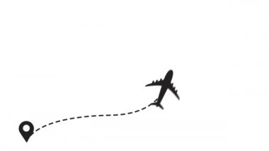 Uçak hattı çizgi animasyonu. Uçak uçuşu ve noktalı rota hareketi. Seyahat, kesikli hat iz sürme, uçak rotası.