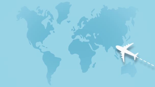 Vídeo de animación con avión blanco volando en el mapa del mundo dejando un rastro detrás. El avión hace un bucle sobre fondo azul y y volando lejos de la pantalla. — Vídeo de stock
