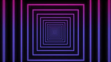 Siyah arkaplanda pembe ve mavi neon kareli animasyon soyut tünel