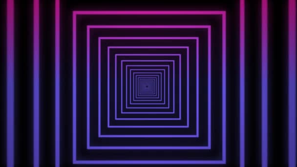 Animatie abstracte tunnel met roze en blauwe neon vierkanten op zwarte achtergrond — Stockvideo