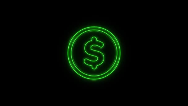 Animação do símbolo do dólar claro verde do néon 4K no fundo preto — Vídeo de Stock
