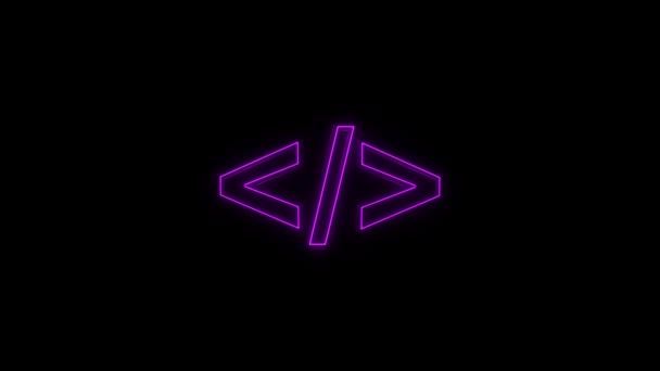 Abstract glowing purple neon symbol of code tag with glowing outlines on black background. — Stockvideo