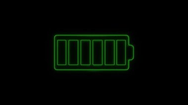 Parlayan neon çizgisi Batarya simgesi siyah arkaplanda izole edildi. Şimşek sembolü. 4K