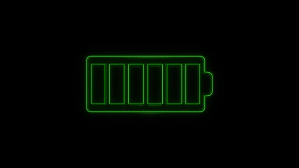 Glowing neon line Battery icon isolated on black background. Lightning bolt symbol. 4K — Stockvideo