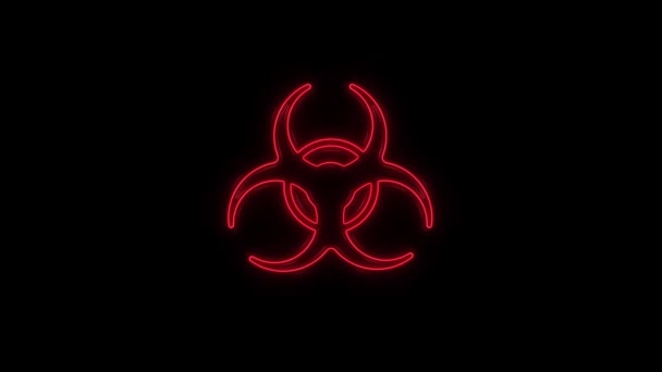 Parlayan neon hattı Biyolojik Tehlike sembolü simgesi siyah arkaplanda izole edildi. 4K — Stok video