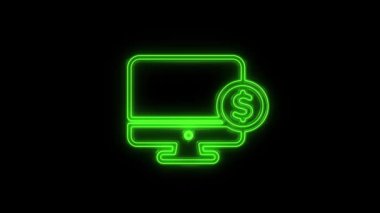 Siyah zemin üzerinde dolar simgesi olan parlak neon hattı bilgisayar monitörü. İnternet finansal güvenlik konsepti, çevrimiçi finans koruması. 4k