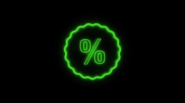 Parlayan neon hattı% indirimli etiket simgesi siyah arkaplanda izole edildi. Etiket alışverişi. Özel teklif işareti. İndirim kuponları sembolü. 4K