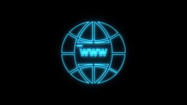 Parlayan neon çizgisi Dünya ikonu siyah arka planda izole edildi. 4K