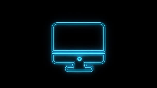글로잉 네온 라인 컴퓨터 모니터 아이콘은 검은 배경에 분리되어 있다. 전자 장치. 앞모습. — 비디오