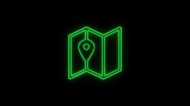 Parlayan neon çizgisi Katlanmış harita konum simgesi simgesi siyah arkaplanda izole edildi. 4K