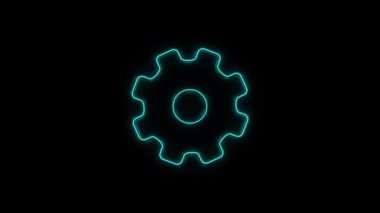 Parlayan neon çizgi ikonu siyah arkaplanda izole edildi. Çarklı teçhizat ayarları. İşçi sembolü. 4K