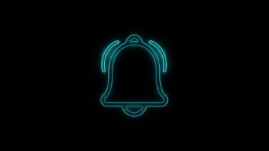 Parlayan neon hattı zil simgesi siyah arkaplanda izole edildi. Alarm sembolü, servis zili, el zili işareti, uyarı sembolü. 4K