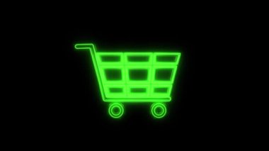 Parlayan neon hattı alışveriş arabası simgesi siyah arka planda izole edildi. İnternetten satın alma konsepti. Teslimat servisi işareti.