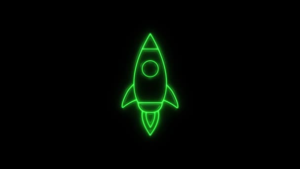 Parlayan neon hattı Roket gemisi simgesi siyah arkaplanda izole edildi. Uzay yolculuğu. 4K — Stok video