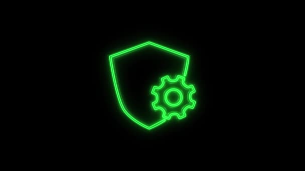 Glowing neon line Shield with settings gear icon isolated on black background. Adjusting, service, maintenance, repair, fixing. 4K — Stock Video