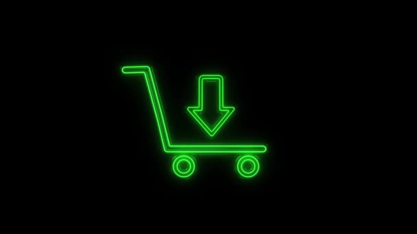 明亮的霓虹灯线购物车图标隔离在黑色背景。网上购物的概念。送货服务标志. — 图库视频影像