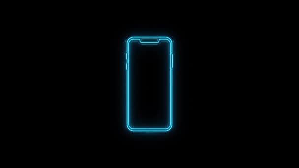 ネオンラインスマートフォン、黒の背景に隔離された携帯電話のアイコンを光る。4K — ストック動画