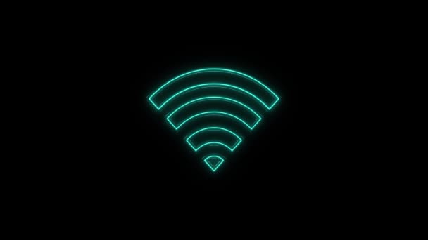 Icône de symbole de réseau Internet sans fil Wi-Fi fluo lumineux isolé sur fond noir. — Video