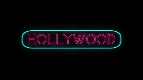 Neon texto HOLLYWOOD em fundo preto. 4k — Vídeo de Stock