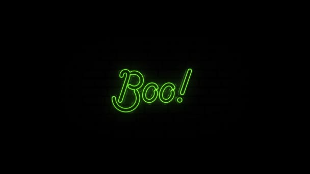 Neon-Text von BOO auf schwarzem Hintergrund. 4k — Stockvideo