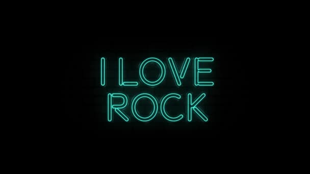 Neon text of I Love Rock on Black Background (en inglés). Música Rock letrero de neón. 4k — Vídeo de stock