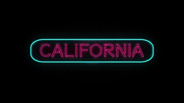 Neonowy tekst nazwy stanu CALIFORNIA na czarnym tle. 4k — Wideo stockowe