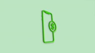 Dolar sembolü olan akıllı telefon yeşil arka planda izole edilmiş 3d simgesi. İnternetten alışveriş konsepti. Finansal cep telefonu. Çevrimiçi ödeme. 4K