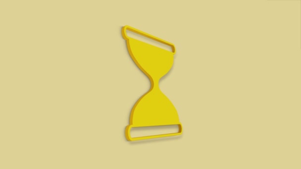 Sarı zemin üzerinde 3 boyutlu kum saati simgesi olan eski kum saati. Kum saati işareti. İş ve zaman yönetimi kavramı. 4K — Stok video