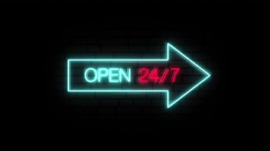 Açık 24-7 neon tabelalar ticari açık ve mevcut olduğunu gösteriyor. 4k