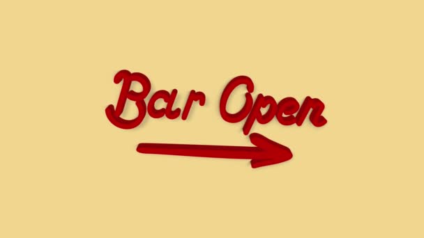 Open bar cartello a forma di freccia che mostra la direzione. Testo di animazione per menu, bar, pub, ristorante, caffetteria, food court. 4k — Video Stock