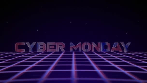 Synthwave Wireframe Netz 80er Jahre mit Text CYBER MONDAY. Hintergrund des Retro-Futurismus. 3D-Illustration rendern nahtlose Schleife. 4k — Stockvideo