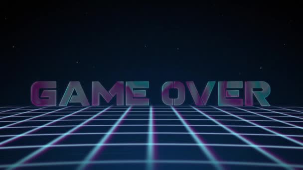 Синхронна дротова мережа 80-х років з текстом GAME OVER. Ретро футуризм фон. 3d ілюстрація рендеринга безшовної петлі. 4k — стокове відео