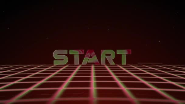 Synthwave draadframe net 80s met tekst START op rode backgraund. Retro futurisme achtergrond. 3d illustratie maken naadloze lus. 4k — Stockvideo