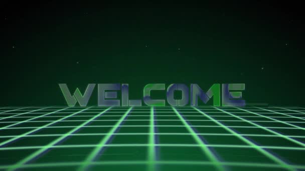 Synthwave wireframe net 80s with text WELCOME. Retro futurism background. 3d illustration render seamless loop. 4k — Stock Video