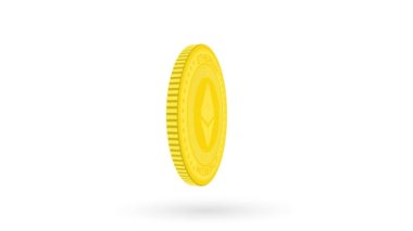 Beyaz ve yeşil arka planda izole edilmiş altın ethereum kripto para. 4k