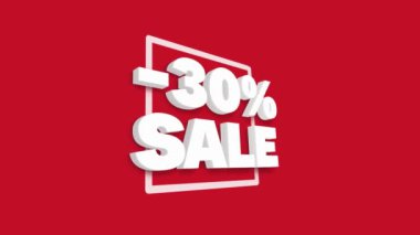Yüzde 30 indirim. Beyaz 3D metin kırmızı arka planda satışta% 30 indirimle animasyon döngüsü oluşturdu. İndirim konsepti. Süper terfi. Kara Cuma. 4k