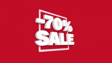 Yüzde 70 indirim. Beyaz 3D metin kırmızı arka planda satışta% 70 indirimle animasyon döngüsü oluşturdu. İndirim konsepti. Süper terfi. Kara Cuma. 4k