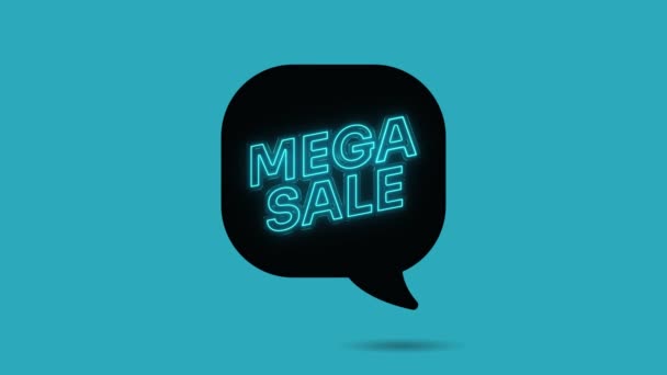 Neonowy tekst MEGA SALE z mową bąbelkową na niebieskim tle. Baner dla sprzedaży, biznesu, mediów społecznościowych. 4k — Wideo stockowe