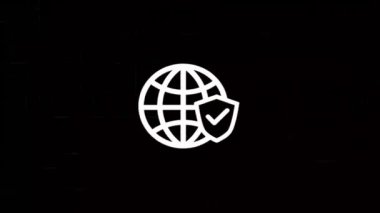 Dünya küresi ve kalkanı, hatalı sanat efektli işaretleme simgesiyle. Retro fütürizm 80 'lerin dinamik dalga tarzı. Televizyon gürültüsü ve eski ekran paraziti ile video sinyali hasarı. 4k döngüsü