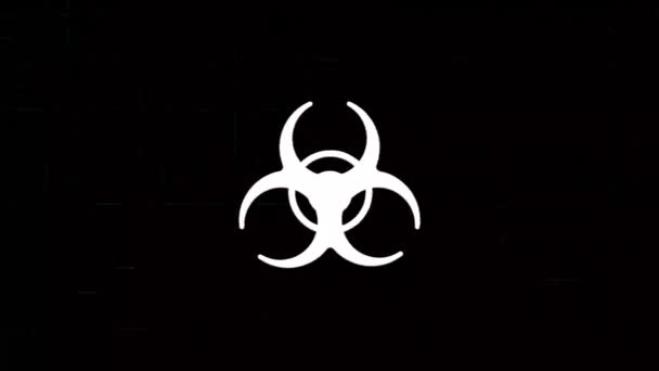 Значок "Biohazard symbol" с эффектом глюка. Ретро футуризм 80-х годов 90-х динамический волновой стиль. Повреждение видеосигнала с шумом телевизора и старыми помехами на экране. Петля 4k — стоковое видео