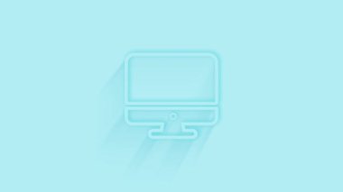 Mavi arka planda gölgesi olan animasyon bilgisayar monitörü simgesi. Neumorfizm asgari düzeyde. Şeffaf arka plan. 4K video hareketi grafik canlandırması.